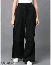 Black polyester solid bell-bottom trousers for women, elastic waist, sizes S to XXXL